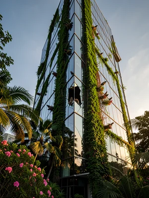 Modern glass skyscraper overtaken by tropical vines and flowering plants, birds 