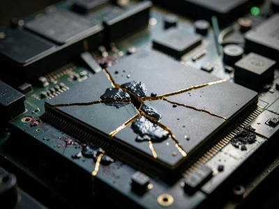 Fractured graphics card with gold tracing the crack lines between heat damage