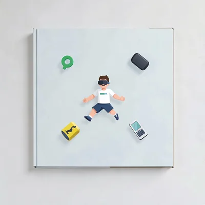 Flat vector composition of a small VR roomscale square with player and floating