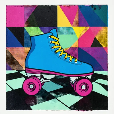 A single roller skate in profile, wheel in magenta, boot in electric blue, laces