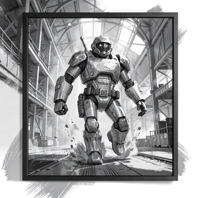 Charcoal previs frame of a robot scout traversing a cargo hangar, painterly moti