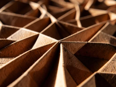 Origami tessellation extreme macro, regular repeating fold pattern creating thre