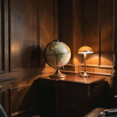 Atmospheric corner of a paneled office with a globe on a side table, warm desk-l