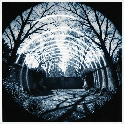 A walled garden, sun arcs tracing through bare winter branches to summer leafy c