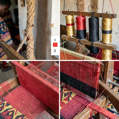 Kumasi kente weaving process, strip loom geometry, Spools of dyed thread in red,