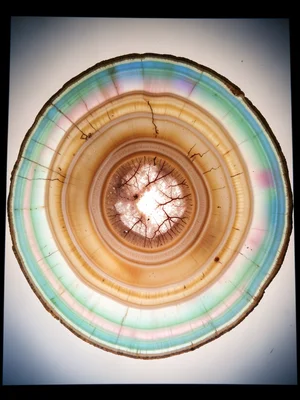 Thin mineral slice backlit showing spring-like green and pink translucency