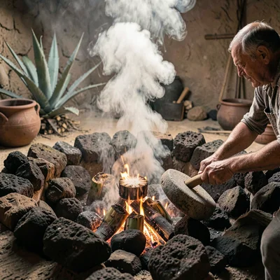 Oaxacan mezcal process, palenque atmosphere, Steam rising from roasting agave he