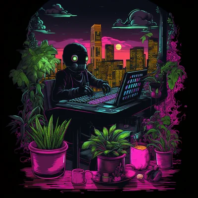 Black T-shirt print WFH setup viewed higher angle dis