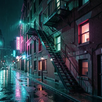 A wet fire escape zigzagging down a building face, each landing lit by a differe