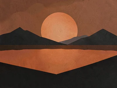 Margin of a salt lake glows rust-orange under a low copper sun, charcoal mountai