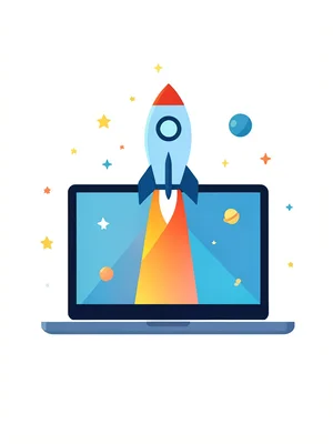 A rocket launching from a laptop screen, trailing a gradient exhaust, small star