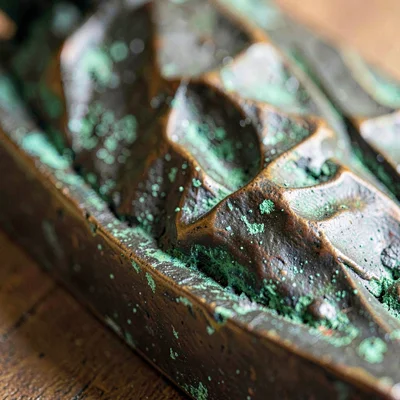Material study of a patinated bronze sculpture surface with green oxidation pool
