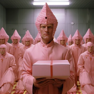 Film still occult portrait of amazon delivery worker