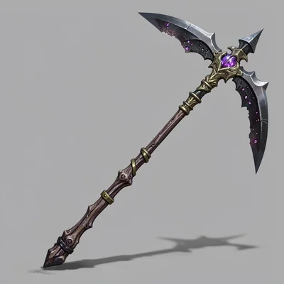 Fantasy weapon illustration, a necromancer's scythe with bone handle and soul-ha