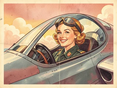 A woman pilot in the cockpit of a sleek jet, confident smile, goggles pushed up,