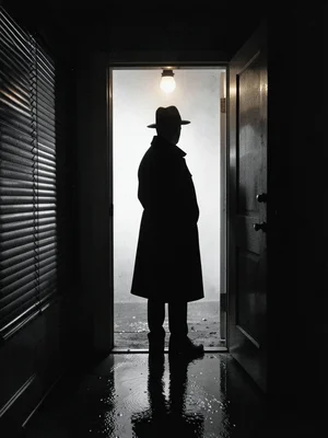 Silhouette in a doorway backlit by a single warm bulb, detective coat, fedora sh
