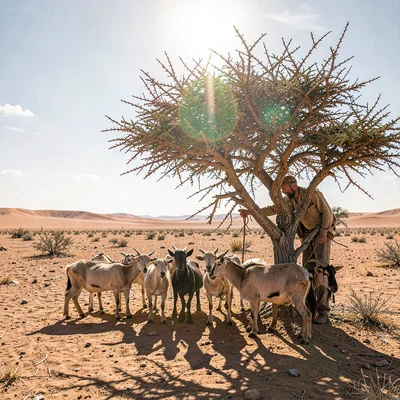 Desert environment photograph, extreme heat conditions, A goatherd sheltering un