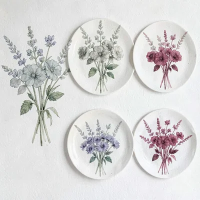 Gouache plate of a basil bouquet in three varieties, matte sage and crimson pigm