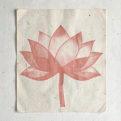 Bold screenprint poster of a halftone lotus silhouette in coral over flat oat pa