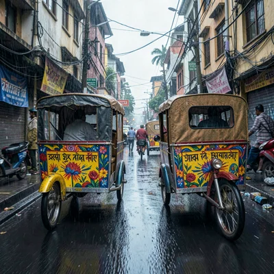 Kinetic density of Dhaka, Bangladesh, Two rickshaws passing in narrow lane, thei