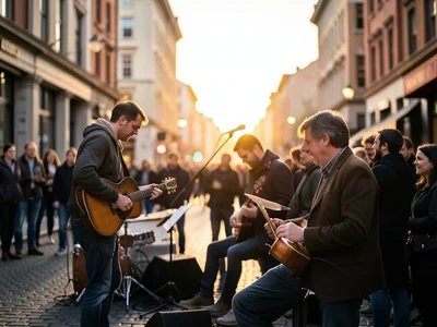 Street musicians performing on corner, small crowd gathered, sunset behind build