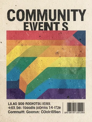 Community event flyer in riso, overlapping rainbow inks, bold typography