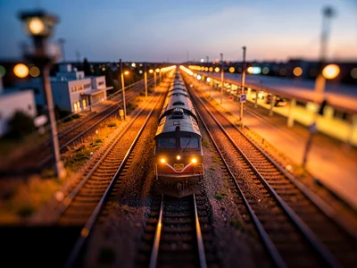 Distant tilt-shift photograph from a control tower of a rail interchange at twil