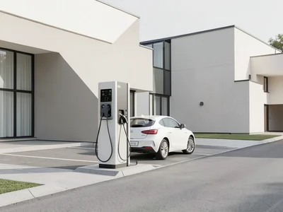 Electric vehicle charging at a sleek charging station, modern architecture behin