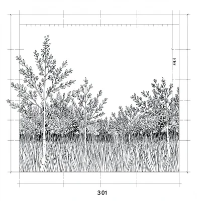 Blueprint elevation of a meadow edge with native shrub backdrop, fine compass ma