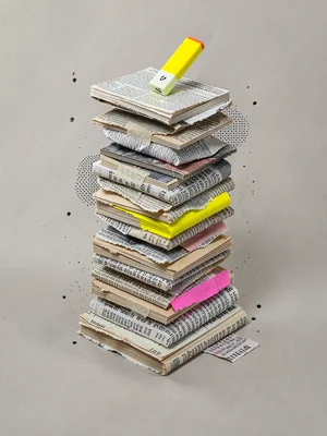 Stacked torn paper pages form a precarious leaning tower with one yellow highlig