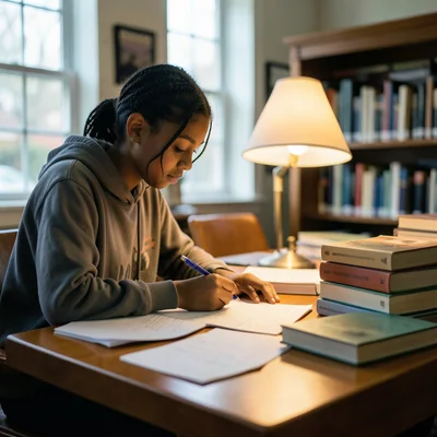 Student studying at a library table surrounded by stacked books and notes, warm 