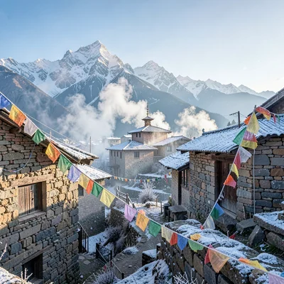 High altitude clarity of Kathmandu, Nepal, Mountain village morning, smoke risin