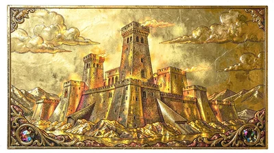 Gold leaf illuminated illustration, tower of Babel , burnished gold leaf areas, 