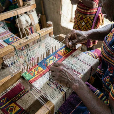 Kumasi kente weaving process, strip loom geometry, Master weaver hands adjusting