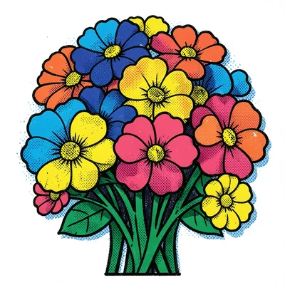 Bouquet of flowers — each bloom flat color with halftone shadow dots