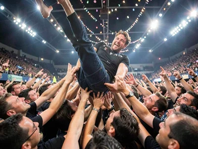 POV of crowd surfing, dozens of hands supporting you from below, warped faces lo