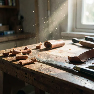 Atmospheric of a leather-cutting bench with offcuts and a craft knife, dust in l