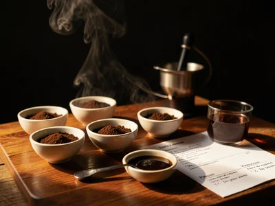 A coffee cupping table with multiple bowls of grounds, a cupping spoon, tasting 