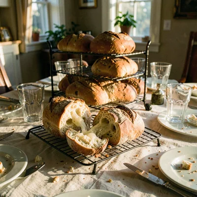 Mid-feast table scene, abundant hospitality, Fresh baked bread loaves cooling on