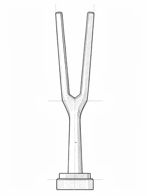 A blueprint of a single tuning fork standing upright, twin tines parallel and st