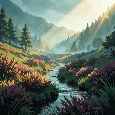 Verdant highland glen with parting mist and a low sunbeam over a stream, warm ho