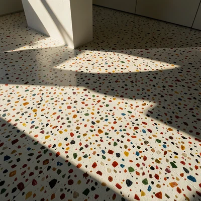 Terrazzo floor with colorful stone chips in white cement, retro modern
