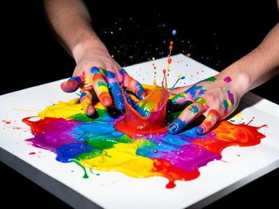 Hands covered in rainbow paint making handprints on large paper