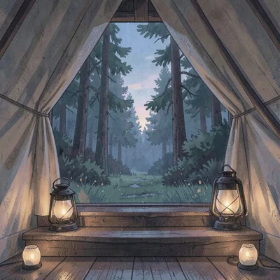 Vertical cozy view of a tent doorway from inside, twilight forest beyond and lan