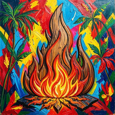 Wooden flame that appears to burn but is carved wood, realistic fire carving