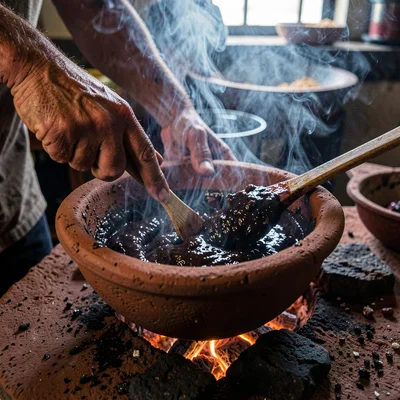 Mole Negro Paste Glistening in Earthenware Bowl