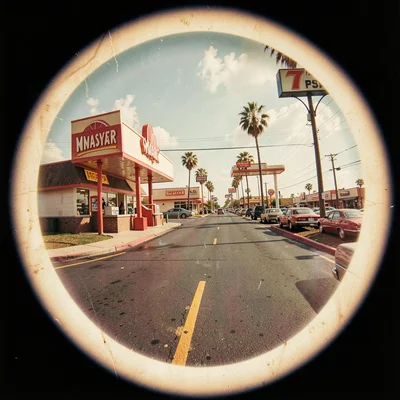 A fast food drive-through lane as vintage tourist destination photography