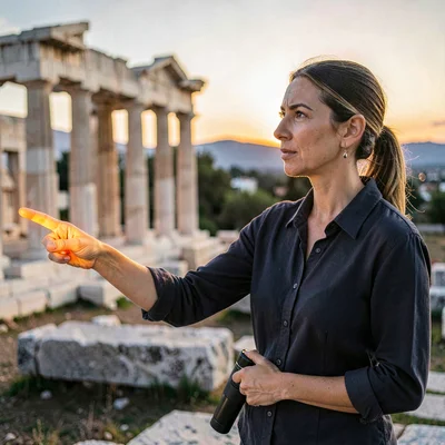 A focused Greek tour-guide in her thirties pointing toward an off-frame ruin, la