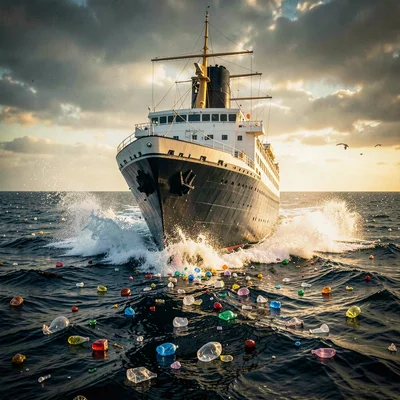 Powerful ocean liner cutting through waves that reveal plastic debris