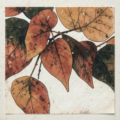 Close-up of persimmon leaves in autumn rust, overlapping shapes